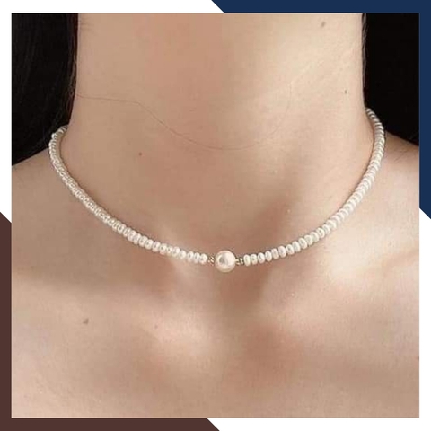 Vòng ngọc trai vàng 18k có mặt, vòng cổ ngọc trai nhỏ mặc áo dài cho nữ mã 56AC750