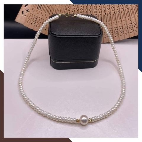 Vòng ngọc trai vàng 18k có mặt, vòng cổ ngọc trai nhỏ mặc áo dài cho nữ mã 56AC750