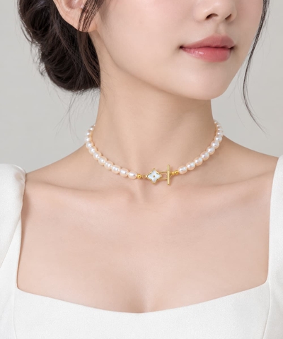 Vòng Cổ Ngọc Trai 2 Tầng VCNT206 – Khóa Hoa Mai Khảm Trai