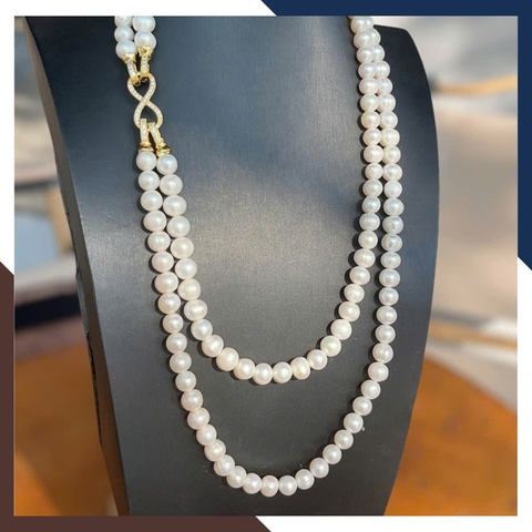 Vòng Cổ Ngọc Trai 2 Tầng Cho Mẹ, Phụ Nữ Trung Niên Mặc Áo Dài Sang Trọng VCNT141