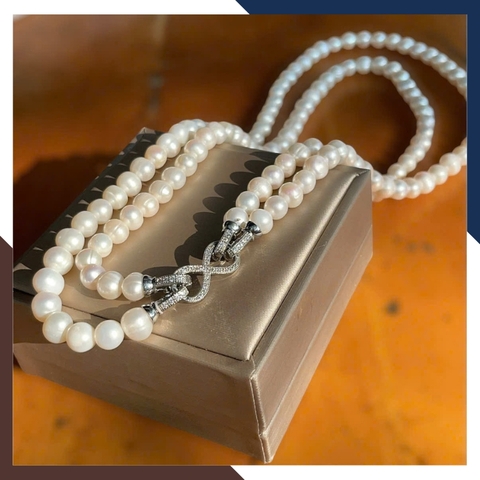 Vòng Cổ Ngọc Trai 2 Tầng Cho Mẹ, Phụ Nữ Trung Niên Mặc Áo Dài Sang Trọng VCNT141