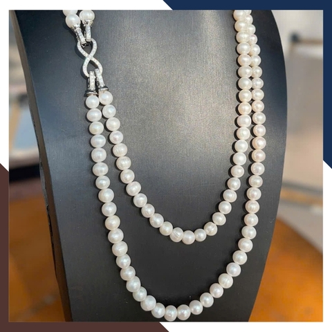 Vòng Cổ Ngọc Trai 2 Tầng Cho Mẹ, Phụ Nữ Trung Niên Mặc Áo Dài Sang Trọng VCNT141