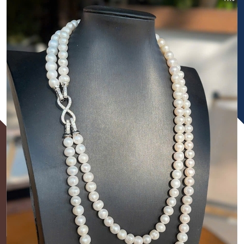 Vòng Cổ Ngọc Trai 2 Tầng Cho Mẹ, Phụ Nữ Trung Niên Mặc Áo Dài Sang Trọng VCNT141