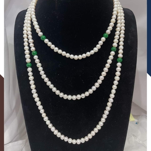 Vòng cổ ngọc trai 3 tầng mix đá xanh cho mẹ mặc áo dài sang trọng 78K25T250