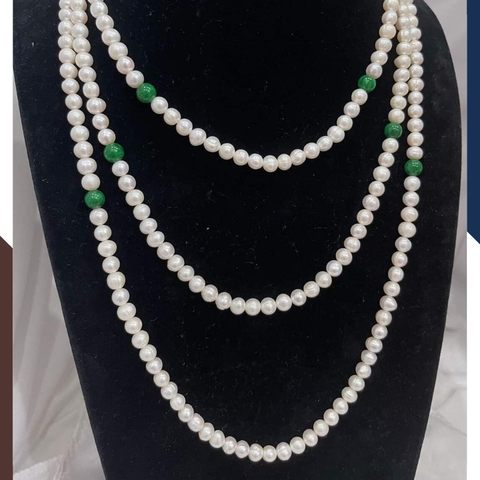 Vòng cổ ngọc trai 3 tầng mix đá xanh cho mẹ mặc áo dài sang trọng 78K25T250