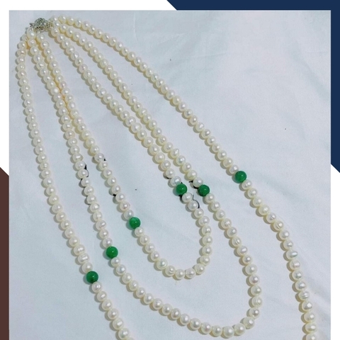 Vòng cổ ngọc trai 3 tầng mix đá xanh cho mẹ mặc áo dài sang trọng 78K25T250
