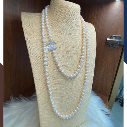 Vòng cổ ngọc trai chanel dài 120cm, mẫu vòng ngọc trai mặc áo dài đẹp cho nữ mã 78K45T250