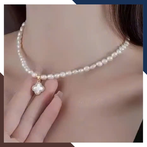 Vòng Cổ Ngọc Trai Nữ Hạt Nhỏ, Dáng Choker Mix Cỏ 4 Lá Vàng 10k Sang Trọng VCNT150