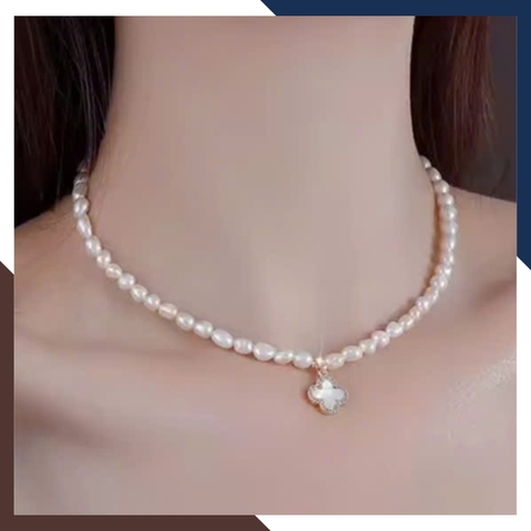 Vòng Cổ Ngọc Trai Nữ Hạt Nhỏ, Dáng Choker Mix Cỏ 4 Lá Vàng 10k Sang Trọng VCNT150