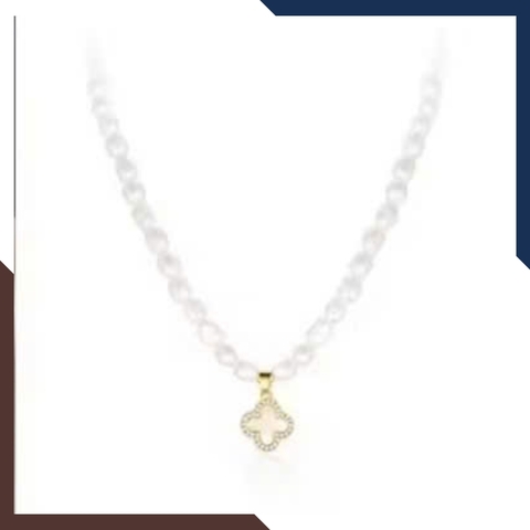 Vòng Cổ Ngọc Trai Nữ Hạt Nhỏ, Dáng Choker Mix Cỏ 4 Lá Vàng 10k Sang Trọng VCNT150