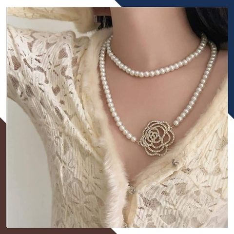 Vòng cổ ngọc trai dài 95cm khóa hoa hồng to cho nữ mặc áo dài mã 78AC850