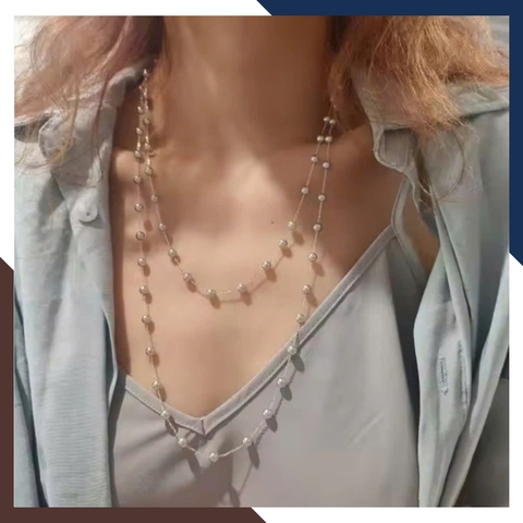 Vòng Cổ Ngọc Trai Dài 150CM Kiểu Dây Bạc Mix Cách Hạt VCNT102