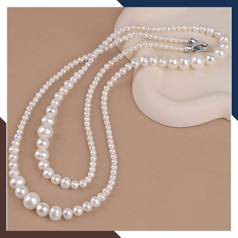 Vòng cổ ngọc trai dài 80cm phối hạt to nhỏ độc đáo cho nữ mặc áo dài đẹp mã 410T400D80