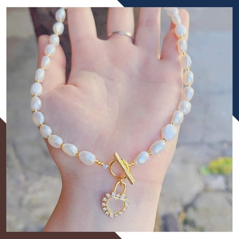 Vòng cổ ngọc trai dị dáng choker mặc áo dài đẹp cho nữ, mẫu khóa hình trái tim mã K50T78220