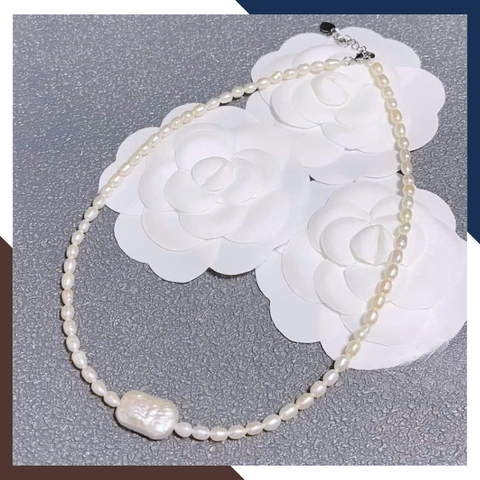 Vòng Cổ Ngọc Trai Nhỏ 3-4mm Phối Mặt Ngọc Trai Dị Nổi Bật & Độc Đáo VCNT132