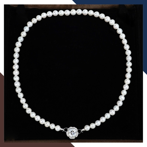 Vòng cổ ngọc trai nước ngọt cao cấp 8-9mm VCNT170 – Kiểu dáng Princess mix khóa hình hoa tinh xảo