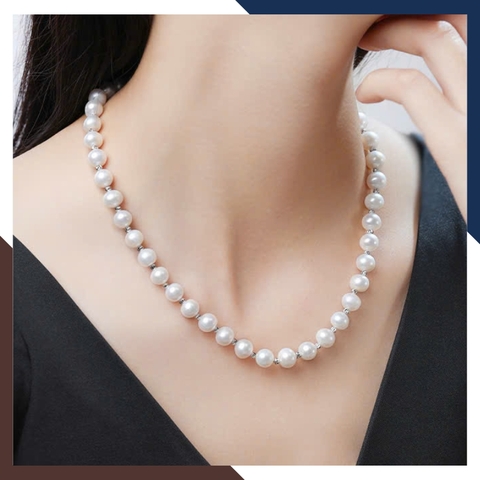Vòng cổ ngọc trai nước ngọt cao cấp 8–9mm VCNT173 – Mix bi bạc 925 & khóa nơ thanh lịch