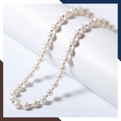 Vòng cổ ngọc trai nước ngọt cao cấp 8–9mm VCNT173 – Mix bi bạc 925 & khóa nơ thanh lịch