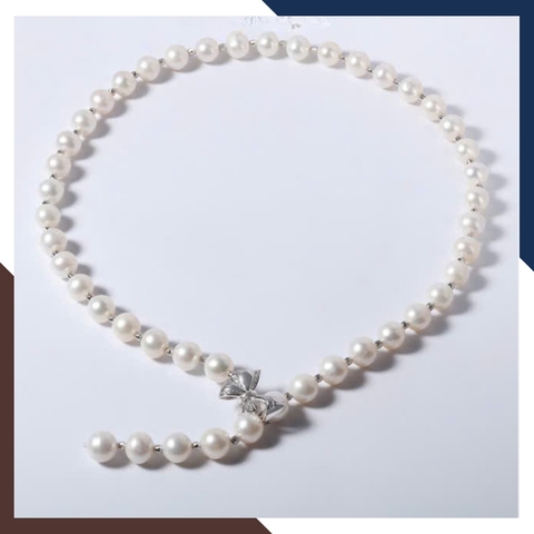 Vòng cổ ngọc trai nước ngọt cao cấp 8–9mm VCNT173 – Mix bi bạc 925 & khóa nơ thanh lịch