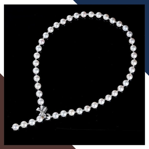 Vòng cổ ngọc trai nước ngọt cao cấp 8–9mm VCNT173 – Mix bi bạc 925 & khóa nơ thanh lịch
