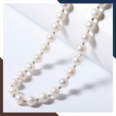 Vòng cổ ngọc trai nước ngọt cao cấp 8–9mm VCNT173 – Mix bi bạc 925 & khóa nơ thanh lịch
