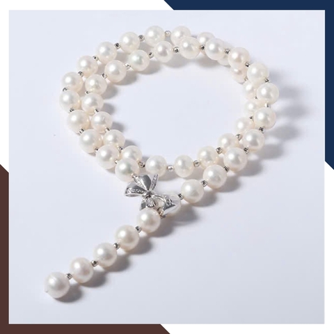 Vòng cổ ngọc trai nước ngọt cao cấp 8–9mm VCNT173 – Mix bi bạc 925 & khóa nơ thanh lịch