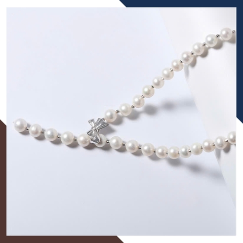 Vòng cổ ngọc trai nước ngọt cao cấp 8–9mm VCNT173 – Mix bi bạc 925 & khóa nơ thanh lịch
