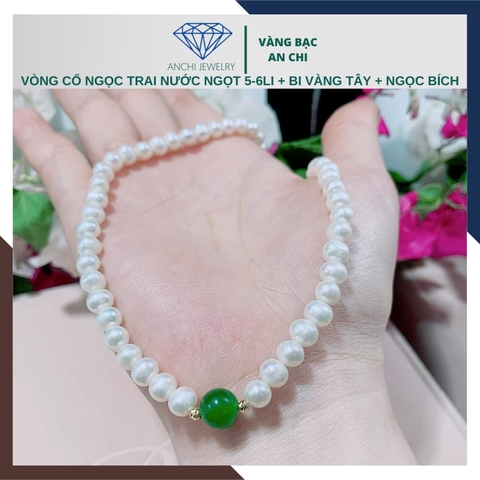 Vòng cổ ngọc trai cho phụ nữ trung niên mix ngọc bích phối bi vàng 78AC350