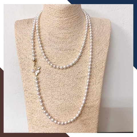 Vòng cổ ngọc trai tự nhiên dài 120cm mặc áo dài cho nữ trẻ đẹp, mẫu khóa hình bông hoa mã 78K65T370