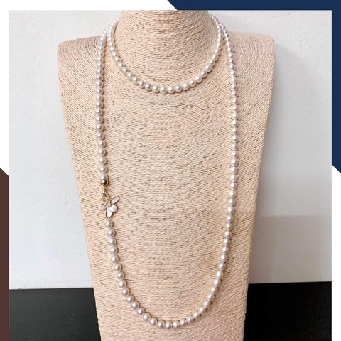 Vòng cổ ngọc trai tự nhiên dài 120cm mặc áo dài cho nữ trẻ đẹp, mẫu khóa hình bông hoa mã 78K65T370