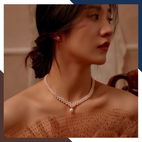 Vòng cổ choker ngọc trai nước ngọt đan hoa cao cấp mã 56B1355