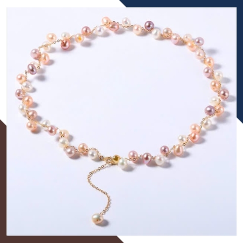 Vòng cổ ngọc trai tứ quý hạt nhỏ VCNT176 – Phối dây vàng 10K sang trọng, thiết kế so le độc đáo