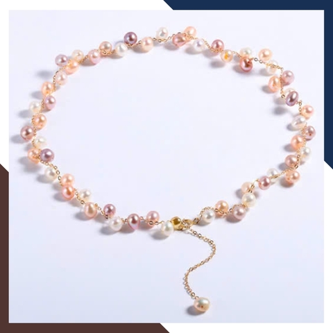 Vòng cổ ngọc trai tứ quý hạt nhỏ VCNT176 – Phối dây vàng 10K sang trọng, thiết kế so le độc đáo