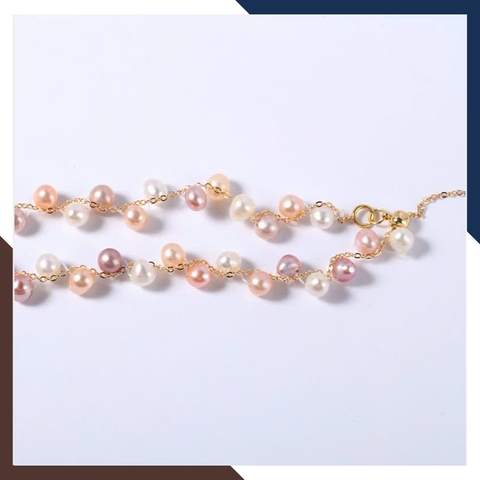 Vòng cổ ngọc trai tứ quý hạt nhỏ VCNT176 – Phối dây vàng 10K sang trọng, thiết kế so le độc đáo