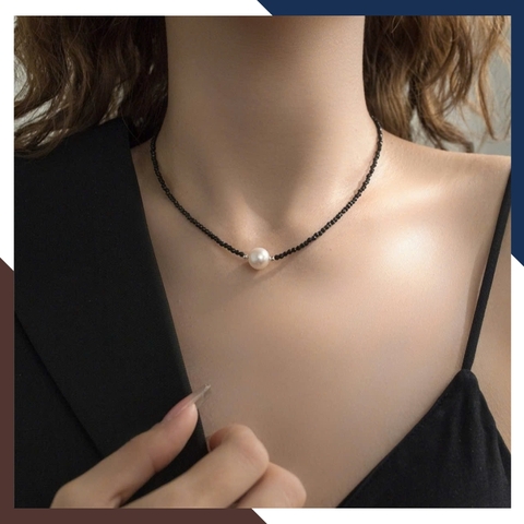 Vòng cổ pha lê đen cao cấp dáng choker đính mặt ngọc trai cho nữ đẹp mã T10AC220