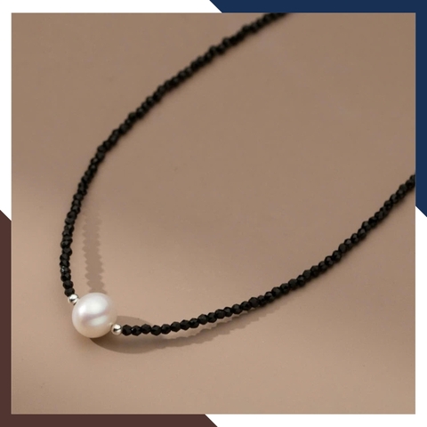Vòng cổ pha lê đen cao cấp dáng choker đính mặt ngọc trai cho nữ đẹp mã T10AC220