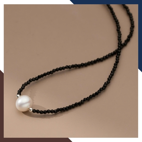 Vòng cổ pha lê đen cao cấp dáng choker đính mặt ngọc trai cho nữ đẹp mã T10AC220