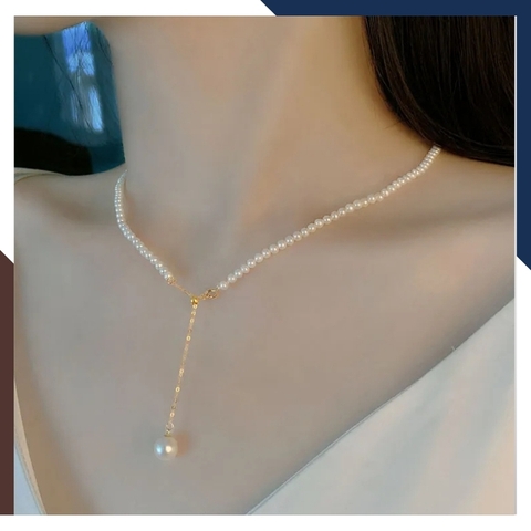 Vòng ngọc trai mix vàng có tua rua, vòng cổ ngọc trai nhỏ mặc áo dài cho nữ mã 56B1350