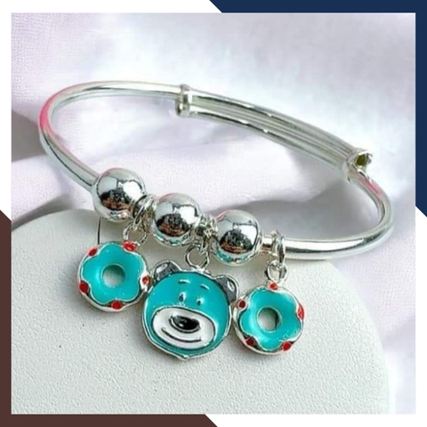 Vòng tay bạc cho bé gái, lắc chân trẻ em bạc ta nguyên chất mix bi, gấu và bông hoa mã AC250