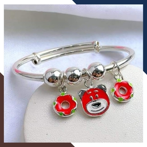 Vòng tay bạc cho bé gái, lắc chân trẻ em bạc ta nguyên chất mix bi, gấu và bông hoa mã AC250