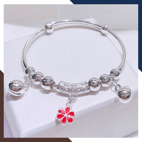 Vòng tay bạc cho bé gái, lắc tay trẻ em bạc ta nguyên chất có chuông mix bi và hoa mã AC250
