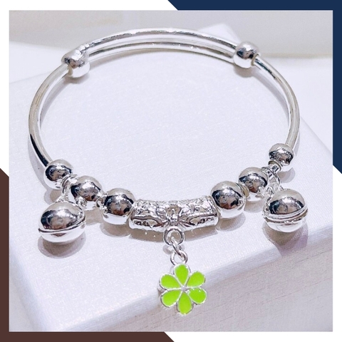 Vòng tay bạc cho bé gái, lắc tay trẻ em bạc ta nguyên chất có chuông mix bi và hoa mã AC250