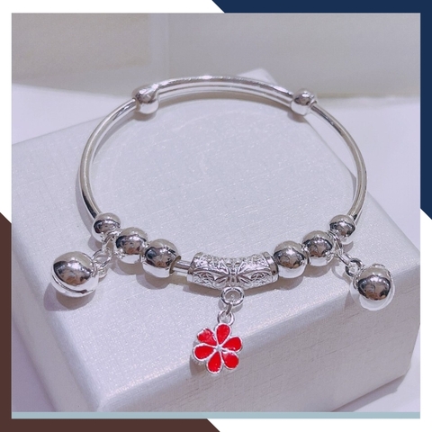 Vòng tay bạc cho bé gái, lắc tay trẻ em bạc ta nguyên chất có chuông mix bi và hoa mã AC250