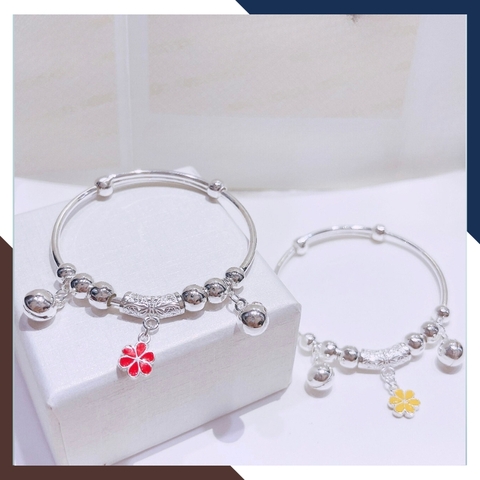 Vòng tay bạc cho bé gái, lắc tay trẻ em bạc ta nguyên chất có chuông mix bi và hoa mã AC250
