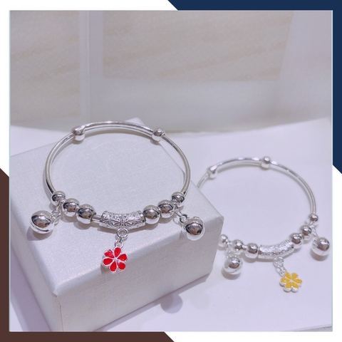 Vòng tay bạc cho bé gái, lắc tay trẻ em bạc ta nguyên chất có chuông mix bi và hoa mã AC250