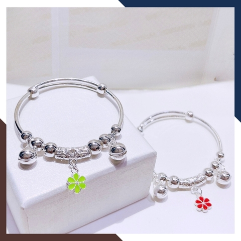 Vòng tay bạc cho bé gái, lắc tay trẻ em bạc ta nguyên chất có chuông mix bi và hoa mã AC250