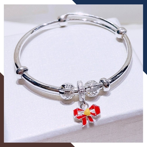Vòng tay bạc cho bé gái, lắc tay trẻ em bạc ta nguyên chất hình nơ mix bi mã AC250