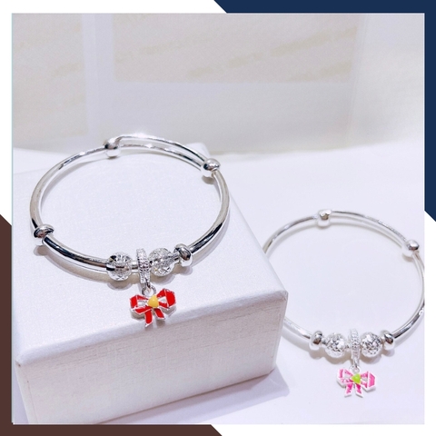 Vòng tay bạc cho bé gái, lắc tay trẻ em bạc ta nguyên chất hình nơ mix bi mã AC250