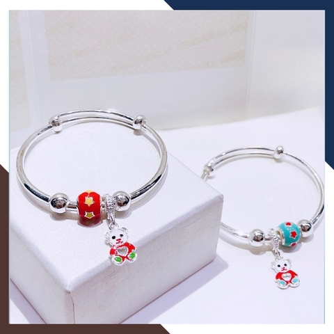 Vòng tay bạc cho bé trai bé gái, lắc tay trẻ em bạc ta nguyên chất mix bi và gấu mã AC250