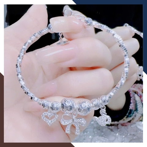 Vòng Tay Bạc Nữ Phối Charm Đẹp LTBN75 – Cỏ 4 Lá, Nơ, Trái Tim, Thiên Nga